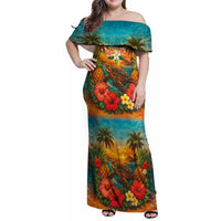 Hawaiian Turtles on Beach Family Matching Off Shoulder Maxi Dress and Hawaiian Shirt with Pineapple Tropical Plant and Lei