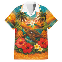 Hawaiian Turtles on Beach Family Matching Short Sleeve Bodycon Dress and Hawaiian Shirt with Pineapple Tropical Plant and Lei