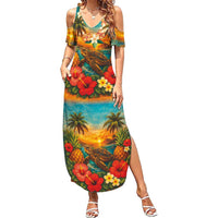 Hawaiian Turtles on Beach Family Matching Summer Maxi Dress and Hawaiian Shirt with Pineapple Tropical Plant and Lei