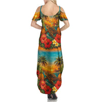Hawaiian Turtles on Beach Family Matching Summer Maxi Dress and Hawaiian Shirt with Pineapple Tropical Plant and Lei