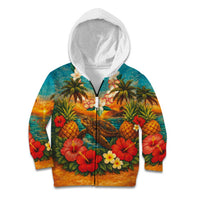 Hawaiian Turtles on Beach Kid Hoodie with Pineapple Tropical Plant and Lei
