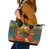 Hawaiian Turtles on Beach Leather Tote Bag with Pineapple Tropical Plant and Lei