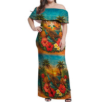 Hawaiian Turtles on Beach Off Shoulder Maxi Dress with Pineapple Tropical Plant and Lei LT03 Women Multicolor - Polynesian Pride