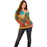 Hawaiian Turtles on Beach Off Shoulder Sweater with Pineapple Tropical Plant and Lei