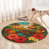 Hawaiian Turtles on Beach Round Carpet with Pineapple Tropical Plant and Lei