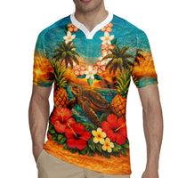 Hawaiian Turtles on Beach Rugby Jersey with Pineapple Tropical Plant and Lei