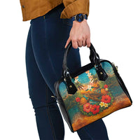 Hawaiian Turtles on Beach Shoulder Handbag with Pineapple Tropical Plant and Lei