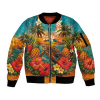 Hawaiian Turtles on Beach Sleeve Zip Bomber Jacket with Pineapple Tropical Plant and Lei LT03 Unisex Multicolor - Polynesian Pride
