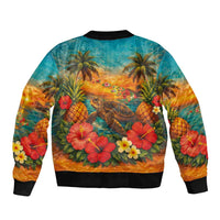 Hawaiian Turtles on Beach Sleeve Zip Bomber Jacket with Pineapple Tropical Plant and Lei LT03 - Polynesian Pride
