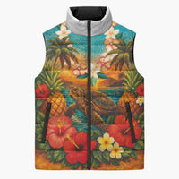 Hawaiian Turtles on Beach Sleeveless Puffer Jacket with Pineapple Tropical Plant and Lei LT03 Unisex Multicolor - Polynesian Pride