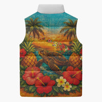 Hawaiian Turtles on Beach Sleeveless Puffer Jacket with Pineapple Tropical Plant and Lei LT03 - Polynesian Pride