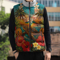 Hawaiian Turtles on Beach Sleeveless Puffer Jacket with Pineapple Tropical Plant and Lei LT03 - Polynesian Pride