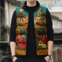 Hawaiian Turtles on Beach Sleeveless Puffer Jacket with Pineapple Tropical Plant and Lei LT03 - Polynesian Pride
