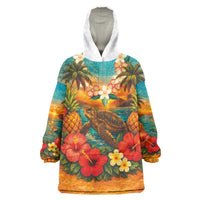 Hawaiian Turtles on Beach Wearable Blanket Hoodie with Pineapple Tropical Plant and Lei LT03 One Size Multicolor - Polynesian Pride