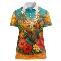 Hawaiian Turtles on Beach Women Polo Shirt with Pineapple Tropical Plant and Lei