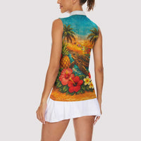 Hawaiian Turtles on Beach Women Sleeveless Polo Shirt with Pineapple Tropical Plant and Lei