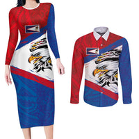 American Samoa Flag Day Couples Matching Long Sleeve Bodycon Dress and Long Sleeve Button Shirt Polynesian Art Geometric with Flag Brush Style