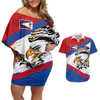 American Samoa Flag Day Couples Matching Off Shoulder Short Dress and Hawaiian Shirt Polynesian Art Geometric with Flag Brush Style