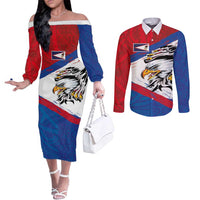 American Samoa Flag Day Couples Matching Off The Shoulder Long Sleeve Dress and Long Sleeve Button Shirt Polynesian Art Geometric with Flag Brush Style