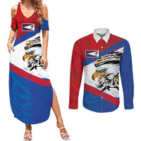 American Samoa Flag Day Couples Matching Summer Maxi Dress and Long Sleeve Button Shirt Polynesian Art Geometric with Flag Brush Style