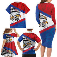 American Samoa Flag Day Family Matching Long Sleeve Bodycon Dress and Hawaiian Shirt Polynesian Art Geometric with Flag Brush Style