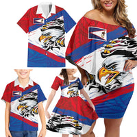 American Samoa Flag Day Family Matching Off Shoulder Short Dress and Hawaiian Shirt Polynesian Art Geometric with Flag Brush Style