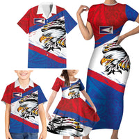 American Samoa Flag Day Family Matching Short Sleeve Bodycon Dress and Hawaiian Shirt Polynesian Art Geometric with Flag Brush Style