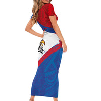 American Samoa Flag Day Family Matching Short Sleeve Bodycon Dress and Hawaiian Shirt Polynesian Art Geometric with Flag Brush Style