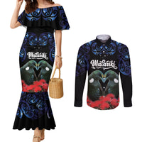 New Zealand Maori Matariki Couples Matching Mermaid Dress and Long Sleeve Button Shirt Hongi Tui Bird Pohutukawa and Polynesia Tribal LT03 Black - Polynesian Pride