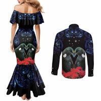 New Zealand Maori Matariki Couples Matching Mermaid Dress and Long Sleeve Button Shirt Hongi Tui Bird Pohutukawa and Polynesia Tribal LT03 - Polynesian Pride