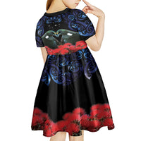 New Zealand Maori Matariki Kid Short Sleeve Dress Hongi Tui Bird Pohutukawa and Polynesia Tribal