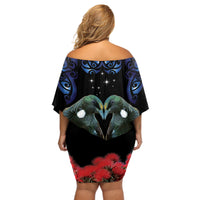 New Zealand Maori Matariki Off Shoulder Short Dress Hongi Tui Bird Pohutukawa and Polynesia Tribal LT03 - Polynesian Pride