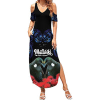 New Zealand Maori Matariki Summer Maxi Dress Hongi Tui Bird Pohutukawa and Polynesia Tribal LT03 Women Black - Polynesian Pride