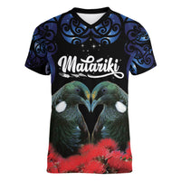 New Zealand Maori Matariki Women V-Neck T-Shirt Hongi Tui Bird Pohutukawa and Polynesia Tribal