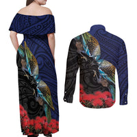 New Zealand Maori Hongi Culture Couples Matching Off Shoulder Maxi Dress and Long Sleeve Button Shirt Tui Bird Pohutukawa and Polynesian Pattern