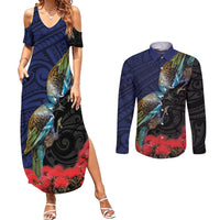 New Zealand Maori Hongi Culture Couples Matching Summer Maxi Dress and Long Sleeve Button Shirt Tui Bird Pohutukawa and Polynesian Pattern