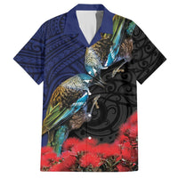 New Zealand Maori Hongi Culture Hawaiian Shirt Tui Bird Pohutukawa and Polynesian Pattern LT03 Blue - Polynesian Pride