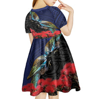 New Zealand Maori Hongi Culture Kid Short Sleeve Dress Tui Bird Pohutukawa and Polynesian Pattern