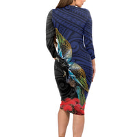 New Zealand Maori Hongi Culture Long Sleeve Bodycon Dress Tui Bird Pohutukawa and Polynesian Pattern