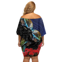 New Zealand Maori Hongi Culture Off Shoulder Short Dress Tui Bird Pohutukawa and Polynesian Pattern LT03 - Polynesian Pride