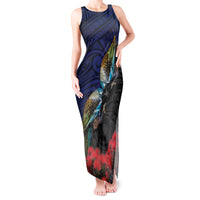 New Zealand Maori Hongi Culture Tank Maxi Dress Tui Bird Pohutukawa and Polynesian Pattern LT03 Women Blue - Polynesian Pride