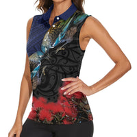 New Zealand Maori Hongi Culture Women Sleeveless Polo Shirt Tui Bird Pohutukawa and Polynesian Pattern
