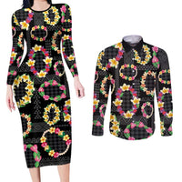 Hawaiian Kakau Tattoo Leis and Palaka Pattern Couples Matching Long Sleeve Bodycon Dress and Long Sleeve Button Shirt Traditional Aloha Tribal Black Color