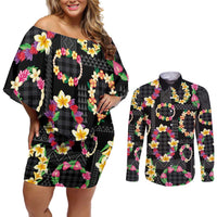 Hawaiian Kakau Tattoo Leis and Palaka Pattern Couples Matching Off Shoulder Short Dress and Long Sleeve Button Shirt Traditional Aloha Tribal Black Color