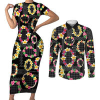 Hawaiian Kakau Tattoo Leis and Palaka Pattern Couples Matching Short Sleeve Bodycon Dress and Long Sleeve Button Shirt Traditional Aloha Tribal Black Color