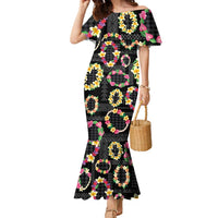 Hawaiian Kakau Tattoo Leis and Palaka Pattern Family Matching Mermaid Dress and Hawaiian Shirt Traditional Aloha Tribal Black Color