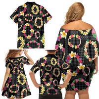 Hawaiian Kakau Tattoo Leis and Palaka Pattern Family Matching Off Shoulder Short Dress and Hawaiian Shirt Traditional Aloha Tribal Black Color