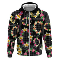 Hawaiian Kakau Tattoo Leis and Palaka Pattern Hoodie Traditional Aloha Tribal Black Color LT03 Zip Hoodie Black - Polynesian Pride