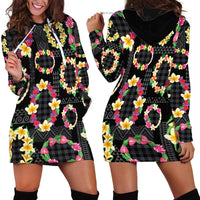 Hawaiian Kakau Tattoo Leis and Palaka Pattern Hoodie Dress Traditional Aloha Tribal Black Color