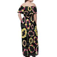 Hawaiian Kakau Tattoo Leis and Palaka Pattern Off Shoulder Maxi Dress Traditional Aloha Tribal Black Color